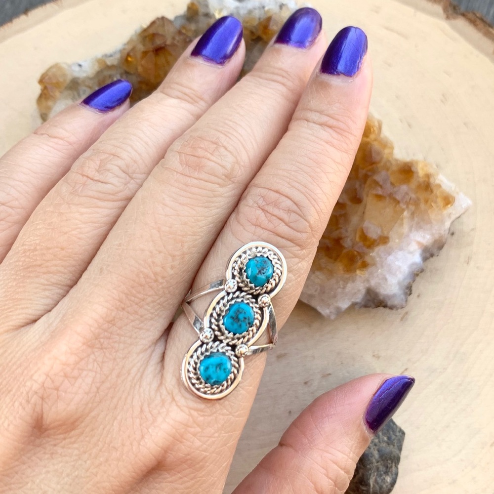 NAVAJO 3 Turquoise Elongated Sterling Ring Size 7